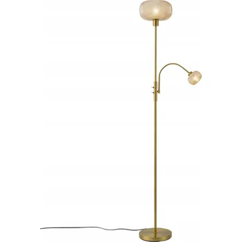 Stojací lampa Designová mosazná stojací lampa s jantarovým sklem, 2 světelné zdroje