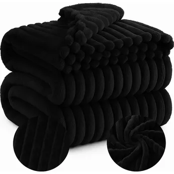 Přehoz na lůžko DEKA PŘEHOZ NA POSTEL VELKÝ 200x220CM VYTLAČOVANÝ VZOR PROUŽKY PLÉD ČERNÝ