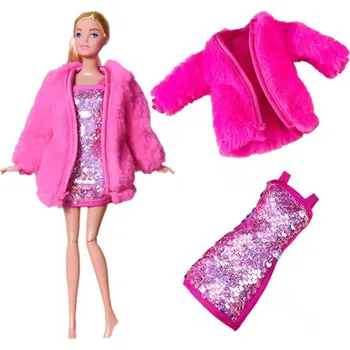 Oblečení s flitry pro panenky Barbie (šaty + kabátek) s doplňky Varianta: růžová (style 5-2)