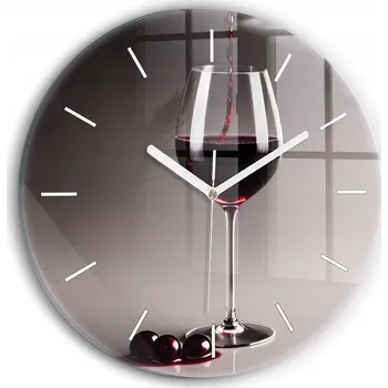 Hodiny Moderní skleněné nástěnné hodiny s potiskem Sklenice červeného vína průměr 30 cm