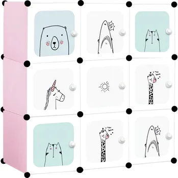 Školní nábytek ModernHome Dětská modulární skříň, regál, 9 modulů, zvířátka, bílorůžová