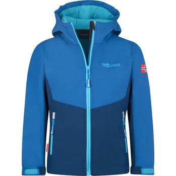 Dívčí bunda DĚTSKÁ ZATEPLENÁ SOFTSHELLOVÁ BUNDA TROLLKIDS KRISTIANSAND, ALPINE BLUE / DARK INDIGO / POOL BLUE Velikost: 128