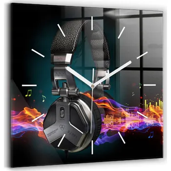 Hodiny Skleněné minimalistické hodiny na zeď Sluchátka a zvukové vlny 30x30 cm