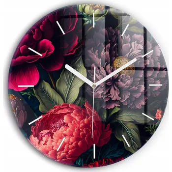 Hodiny Čtvercové Skleněné Nástěnné Hodiny s Vintage Grafikou kytice květin průměr 30 cm