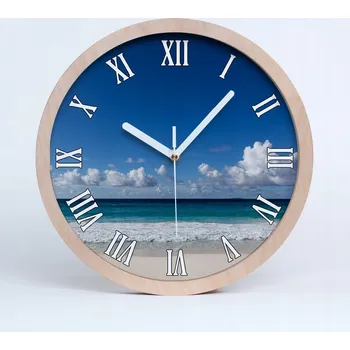 Hodiny Tichá nástěnná dřevěná hodiny pláž Seychely průměr 25 cm