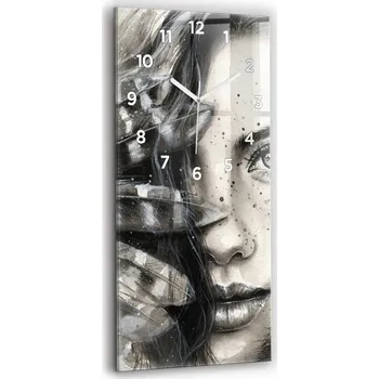 Hodiny Minimalistické skleněné nástěnné hodiny s malovaným portrétem, 30x60 cm