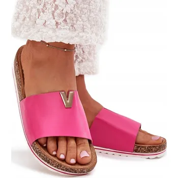 Dámské pantofle NAZOUVÁKY NA KORKOVÉ PLATFORMĚ S OZDOBNÝM DETAILEM FUCHSIOVÁ 36