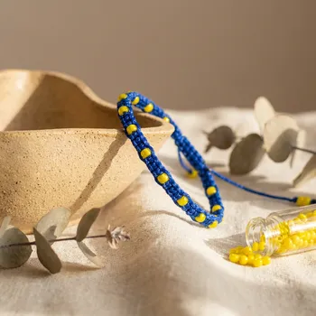 Náramek WUX Jemný minimalistický náramek žlutý korálek VELIKOST NÁRAMKU: Dámská...16cm, BARVA PROVÁZKU: Modrá světlá, PRŮMĚR PROVÁZKU: Ø 1mm