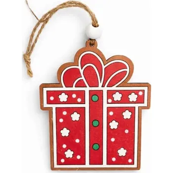 Vánoční dekorace DECOLED Dřevěná vánoční ozdoba dárek, 7,7 × 9,5 cm, červená