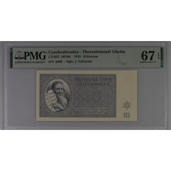 Československo – Terezín– 10 korun 1943, poukázka PMG 67 EPQ Superb Gem UNC