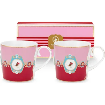 PIP Studio Hrnek Love Birds Medallion červená-růžová 190ml sada 2ks 51.002.610