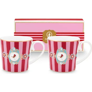 PIP Studio Hrnek Love Birds Medallion Stripes červená-růžová 190ml sada 2ks 51.002.611