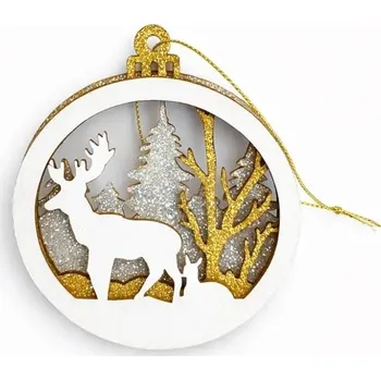 Velikonoční dekorace DECOLED Dřevěná vánoční ozdoba jelen a les 8,5 cm, k zavěšení, bílá zlatá stříbrná