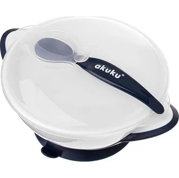 Akuku Dětská miska s přísavkou a lžičkou 300 ml bílá/modrá