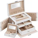 SONGMICS Šperkovnice uzavíratelná, se zrcátkem, třípatrová, 26x17x18cm, bílá