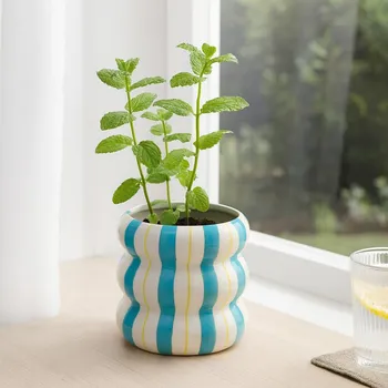 Obal na květináč Home Styling Collection Keramický obal LINJE, 14 cm - modrý