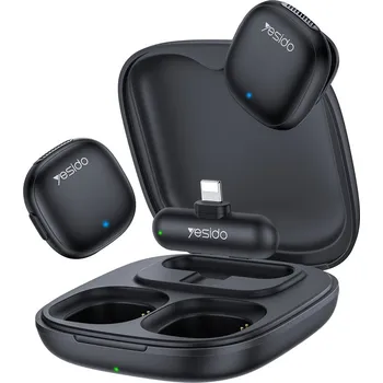 Datové redukce Yesido - (2 balení) Bezdrátové lavalier mikrofony (KR20) - přijímač 3v1, Lightning, AI redukce šumu, 2,4 GHz - černá barva