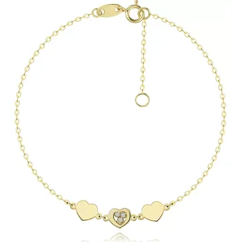 Náramek Zlatý náramek 14K se srdíčky a čirými zirkony
