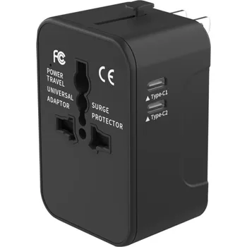 Cestovní adaptér Techsuit - Cestovní adaptér (HHT202-2C) - 2 x USB-C, EU, UK, AUS, US - černý