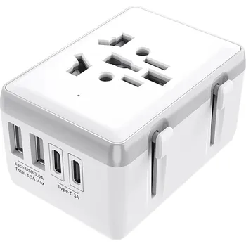 Cestovní adaptér Techsuit - Cestovní adaptér (HHt204A) - 15W, 2xUSB-C, 2xUSB, z EU do UK, AUS, US - bílý