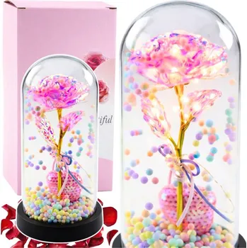 Věčná Růže v Kopuli s LED Osvětlením Růžová se Srdíčkem a Kuličkami