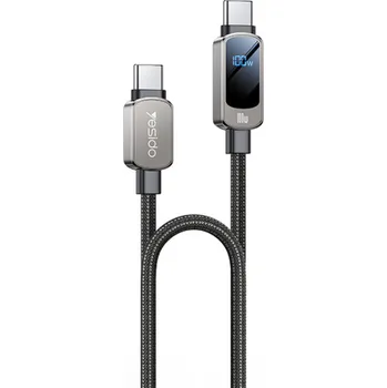 Datový kabel Yesido - Datový kabel (CA179) - Super rychlé nabíjení, s digitálním displejem, Type-C na Type-C, 100W, 5A, 480Mbps, 1,2 m - černý