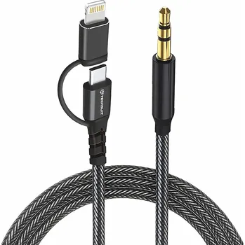 Datový kabel Techsuit - Prémiový kabelový adaptér 3v1 EchoSnap (AC15) - Lightning/Type-C na 3,5mm Jack, Hi-Fi kvalita, 1 m - černý