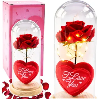 Věčná Růže v Kopuli s LED Osvětlením Červená se Srdíčkem 18,5x8cm