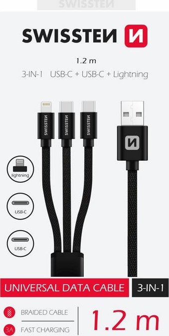 Kabel textile 3v1 2x USB-C, 1x Lightning, 1,2 m, SWISSTEN černý, 48154