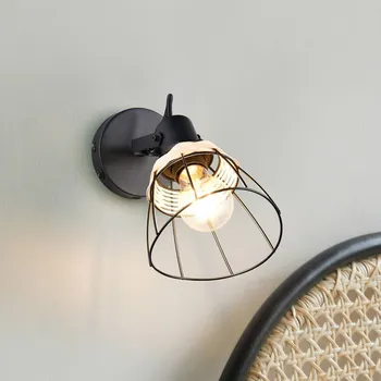 Lampička Reality Leuchten Nástěnné světlo Jerome, Ø 14 cm, 1 žárovka, matná černá, vypínač černá matná, přírodní ratan 1 x 10 W - Doprava zdarma