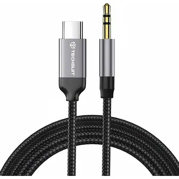 Datový kabel Techsuit - Prémiový kabelový adaptér SoundShell (AC9) - USB-C na 3,5mm jack, DAC čip, 16bit/48Khz, 1,5 m - šedý