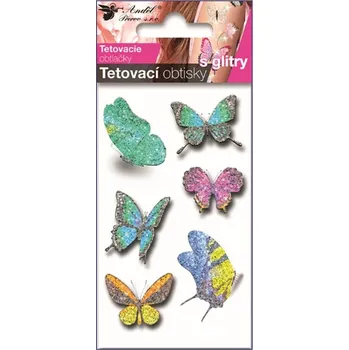 Tetovací barva Tetovací obtisky - motýli zelení s glitry - 10,5 x 6 cm - 16059