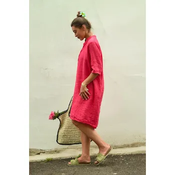 Dámské šaty TMAVĚ RŮŽOVÉ LNĚNÉ KOŠILOVÉ ŠATY PECA del SOL