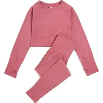 Dámské legíny Dámská sportovní souprava Legíny a triko s dlouhým rukávem Jednobarevná fitness souprava z nylonu růžová L
