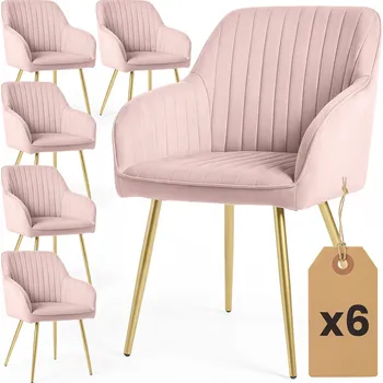 Jídelní židle 6x Sametová čalouněná židle s prošíváním Pudrově Růžová FLORENCE Zlaté nohy