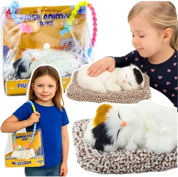 Figurka Spící Bílý Kotě na Polštáři Figurka s Kožíškem Taška Zvuky