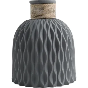 Váza Plastová dekorativní váza na květiny 14,5 x 12 x 4,5 cm Ozdobná váza s provázkovou dekorací Rustikální domácí dekorace Designová ozdoba interiéru šedá