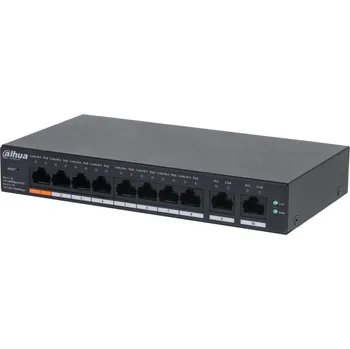 Switch DAHUA TECHNOLOGY Dahua PoE switch 8x 100Mb + 2x GbE, 1x PoE 60W Hi-PoE + 7xPoE 802.3at, celkem PoE 60W, ext mód 10Mb@250m, cloud správa CS4010-8ET-60