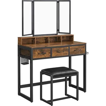 Dětské zboží ModernHome 2077 Kosmetický toaletní stolek s velkým sklopným zrcadlem a taburetem, rustikální hnědá