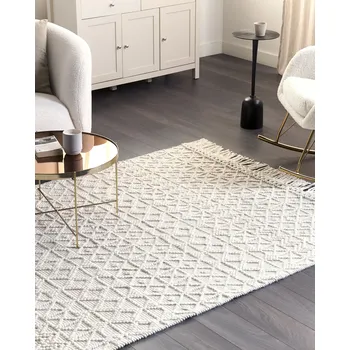 Koberec Koberec světle béžový vlna a polyester 160 x 230 cm geometrický vzor střapce boho moderní Beliani