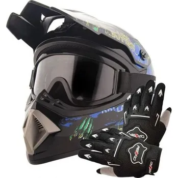 Helma na motorku ATV akční set: Helma racing MONSTER černá XS (53–54 cm) + rukavice a brýle