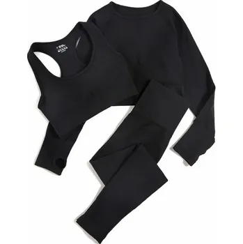 Dámské legíny Dámská sportovní souprava Legíny sportovní podprsenka a triko s dlouhým rukávem Jednobarevná fitness souprava z nylonu černá L