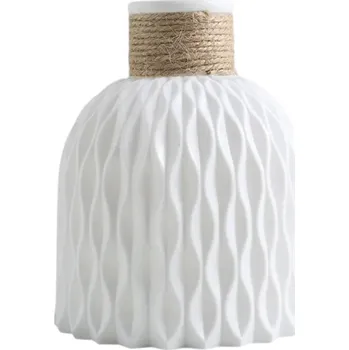 Váza Plastová dekorativní váza na květiny 14,5 x 12 x 4,5 cm Ozdobná váza s provázkovou dekorací Rustikální domácí dekorace Designová ozdoba interiéru bílá