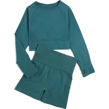 Dámské kraťasy Dámská sportovní souprava Kraťasy a triko s dlouhým rukávem Jednobarevná fitness souprava z nylonu zelená S