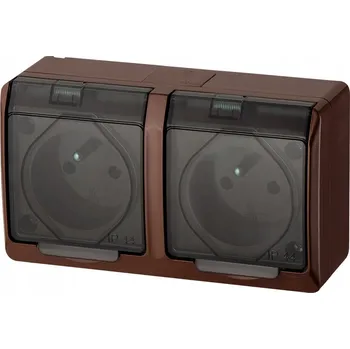 Elektrická zásuvka Dvojitá zásuvka Hermes vodotěsná hnědá s uzemněním IP44