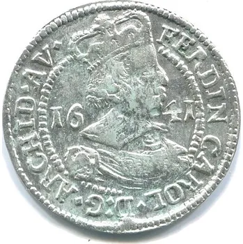 TYROLY. Arcivévoda Ferdinand Karel (1632 - 1662). 3 Kreuzer 1641. Hall. Ag.