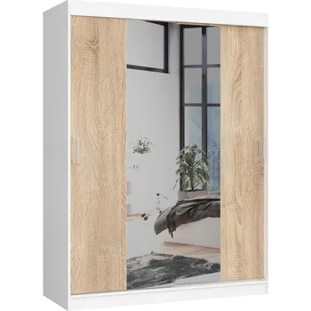 Šatní skříň Akord Clotilde (bílá + dub sonoma) (se zrcadlem)