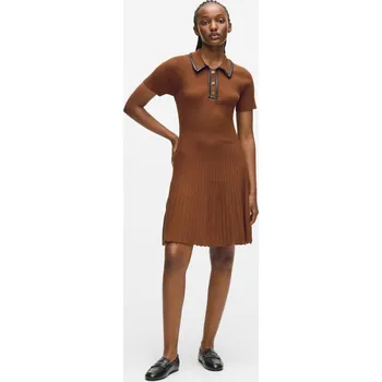 Dámské šaty ŠATY KARL LAGERFELD FAUX LEATHER DETAIL KNIT DRESS FRIAR BROWN