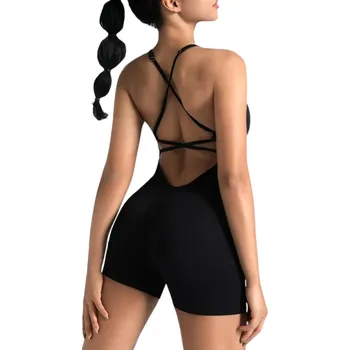 Dámský overall Dámský sportovní overal Tenká ramínka volná záda a kraťasy Jednobarevný fitness overal z nylonu a spandexu černá M