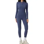 Dámský sportovní overal Dlouhý rukáv a legíny Se zipem ve výstřihu Jednobarevný fitness overal z nylonu a spandexu tmavě modrá S